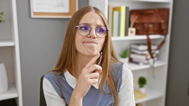 Düşünceli Genç Sarışın Kadını Merak Ediyor Parmaklarını Çenesinde Gezdiriyor Ofiste — Stok video