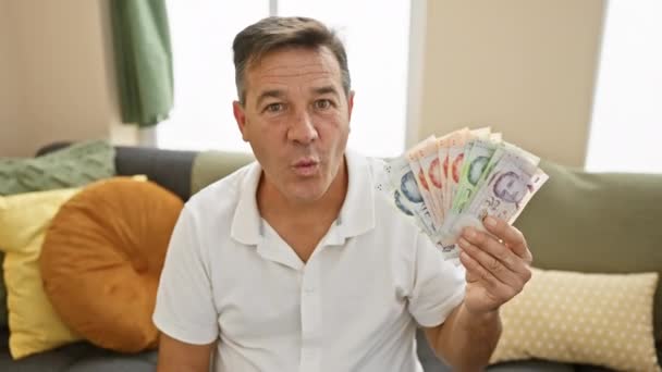 집에서 즐거운 자신감으로 싱가포르 지폐를 보유하는 손가락으로 기호를 기쁨과 긍정적 — 비디오