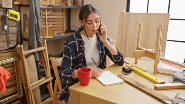 Skupiona Latynoska Kobieta Koszuli Kratę Rozmawia Przez Telefon Podczas Pracy — Wideo stockowe