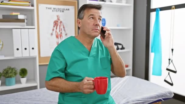 一个在灌木丛中的成熟男人拿着一个红色的杯子 在一个有解剖图的医务室通过电话交谈 — 图库视频影像