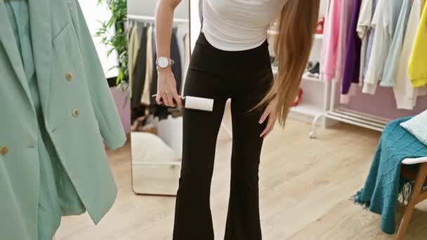 Kobieta Białym Top Czarne Spodnie Trzyma Wałek Butiku Kolorowymi Ubraniami — Wideo stockowe