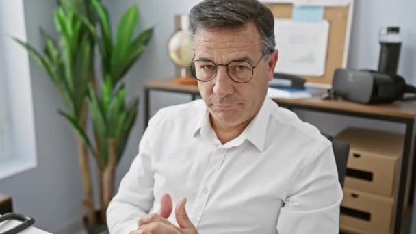 戴眼镜的中年男人沉思地坐在一个现代化的办公室里 — 图库视频影像
