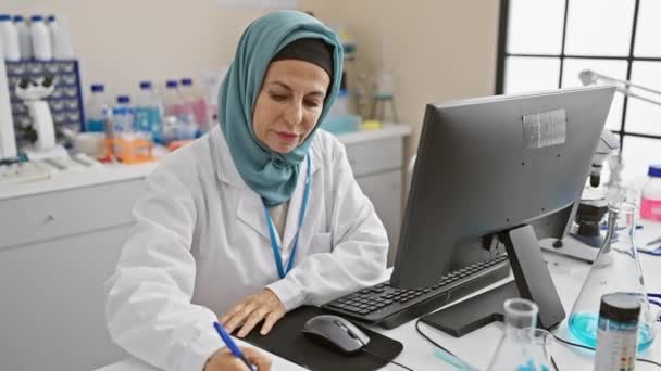 Egy Hidzsábi Magabiztos Női Tudós Dolgozik Számítógépénél Egy Modern Laboratóriumi — Stock videók