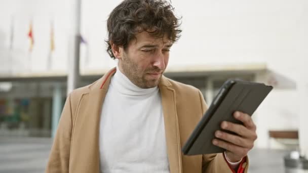 在城市街道上 戴眼镜的西班牙裔男子戴着阅读平板电脑 — 图库视频影像