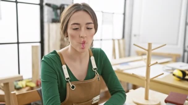 Stunned Hispanic Woman Carpenter Sits Shocked Scared Face Expression Carpentry — Stock Video