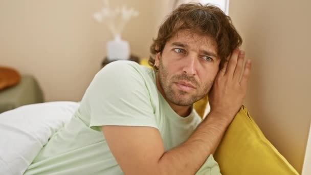 Listening Bedroom Gossip Young Attractive Caucasian Man Pyjamas Playfully Puts — Stock Video