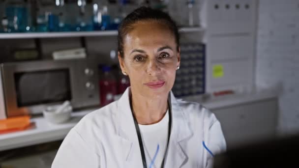 Hispanic Kvinna Forskare Bär Skyddsglasögon Ett Laboratorium — Stockvideo