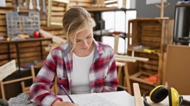 Sevgi dolu bir öpücük üfleyerek, sevimli, seksi sarışın marangoz, marangoz masasında otururken kendinden emin bir şekilde kameraya bakar, neşeli ve çekici yanını ifade eder..