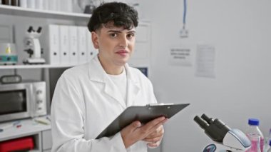 Heyecanlı genç adam, gururlu eşcinsel bilim adamı, zaferi kollarını kaldırarak ve laboratuarda zafer kazanarak kutluyor.