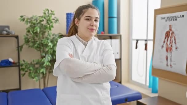 Veselá Mladá Hispánka Uniformě Zdravotní Sestry Pózující Zkříženýma Rukama Rehabilitační — Stock video