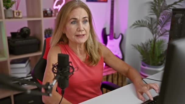 Dojrzała Kobieta Pracuje Nowoczesnym Pokoju Gier Neonami Mikrofonem Komputerem Gitarą — Wideo stockowe