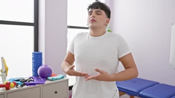 Молодой Человек Практикует Дыхательные Упражнения Ярко Освещенной Клинике Физиотерапии Видимым — стоковое видео