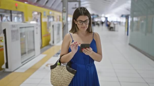 지하철역 플랫폼에 그녀의 레일을 기다리는 도시의 진동을 여행에 클래드 히스패닉 — 비디오