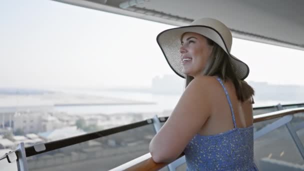 Усміхнена Жінка Капелюсі Насолоджується Часом Палубі Круїзного Корабля Видом Море — стокове відео