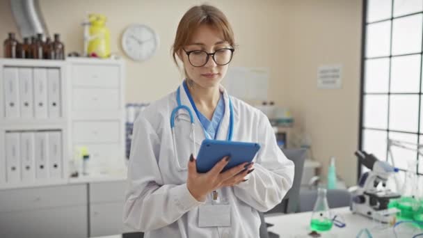 Pewna Siebie Młoda Kobieta Lekarz Fartuchu Laboratoryjnym Używa Tabletki Jasnym — Wideo stockowe