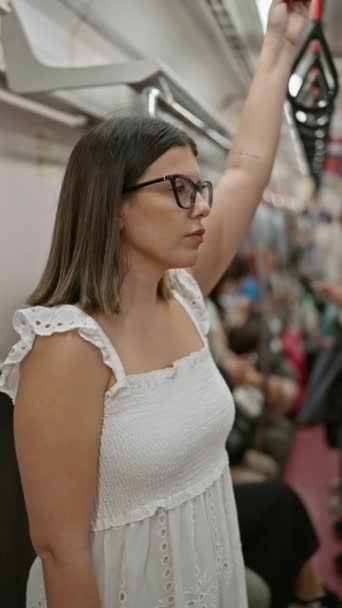 Mulher Hispânica Adulta Morena Alegre Trem Metrô Vazio Olhando Diretamente — Vídeo de Stock
