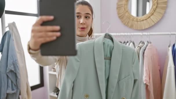 Mulher Hispânica Leva Selfie Com Tablet Camarim Moda Apresentando Opções — Vídeo de Stock