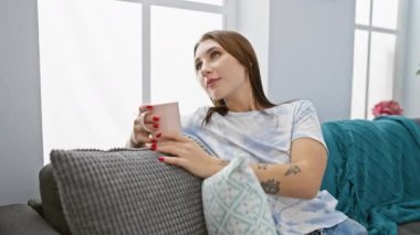 Rahatlamış genç bir kadın, güzel ışıklandırılmış bir evin içindeki rahat bir kanepede bir fincan çayın tadını çıkarıyor..