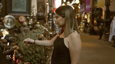 Bir kadın Dubai 'de, Madinat Jumeirah' da geleneksel eserleri keşfediyor. Merakını ve kültürel merakını dile getiriyor..