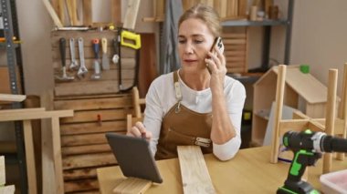 Olgun bir kadın marangoz atölyede birden fazla iş yapıyor. Etrafı ahşap mobilya ve aletlerle çevriliyken tablet ve telefon kullanıyor..