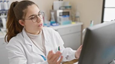 Bir laboratuvar ortamında bilgisayarla çalışan genç bir İspanyol kadın bilim adamı profesyonellik ve araştırma sergiledi..
