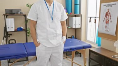 Tıbbi posterleri ve rehabilitasyon ekipmanlarıyla klinikteki genç İspanyol erkek terapist..
