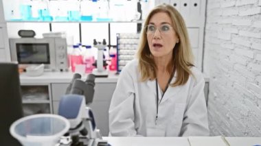 Şaşırmış orta yaşlı kadın bilim adamı. Ağzı açık, şaşırmış bir şekilde önde oturan ve işaret eden şaşırtıcı bir şey var.