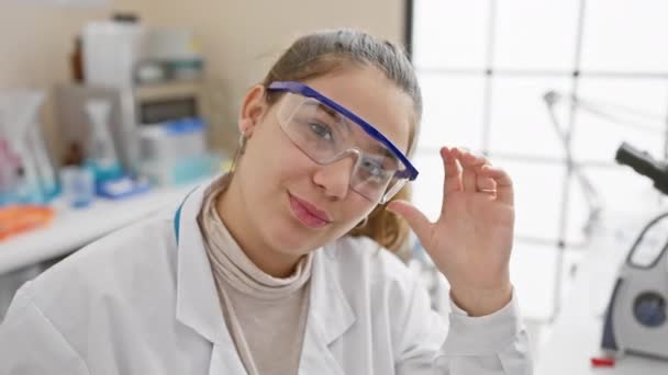 Una Joven Científica Hispana Ajustando Gafas Seguridad Entorno Laboratorio Exudando — Vídeos de Stock