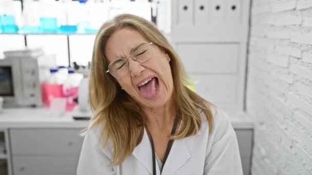 Roligt Uttryck Ansiktet Glad Blond Medelålders Kvinna Vetenskapsman Sticker Tungan — Stockvideo