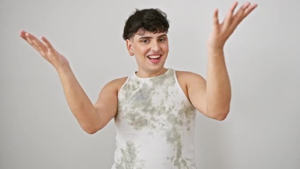 Smiling Young Man Sleeveless Shirt Offering Helping Hand Visualising Acceptance — Stock Video