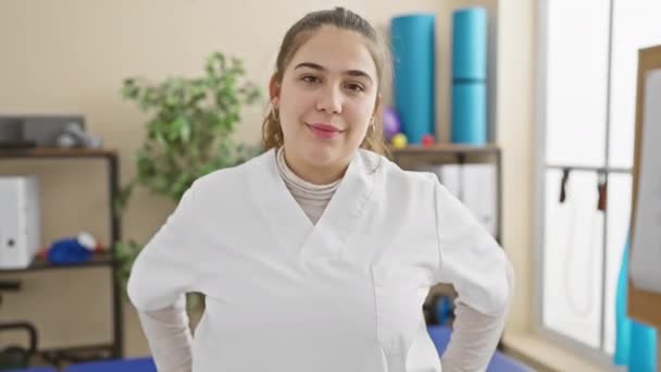Cheery Young Hispanic Nurse Flaunts Toothy Smile Rehab Clinic Spreading — Stock Video