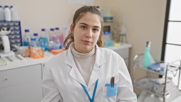 Mladá Hispánka Vědkyně Laboratorním Plášti Bezpečnostními Brýlemi Usmívá Moderním Laboratorním — Stock video