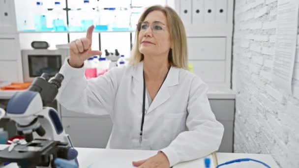 자신감있는 금발의 과학자 실험실에 앉아있는 제스처로 규모의 개념을 기쁨과 보증을 — 비디오