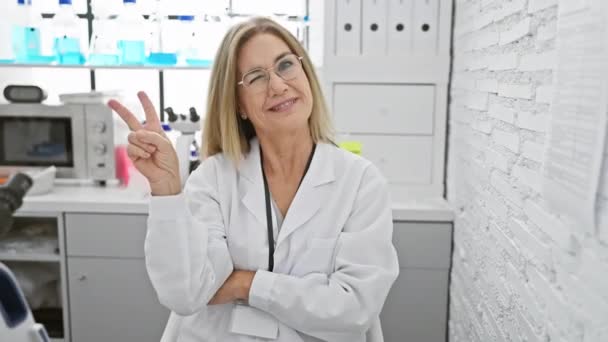 Vinner Vetenskap Leende Medelålders Blond Kvinna Forskare Sitter Tryggt Ansikte — Stockvideo