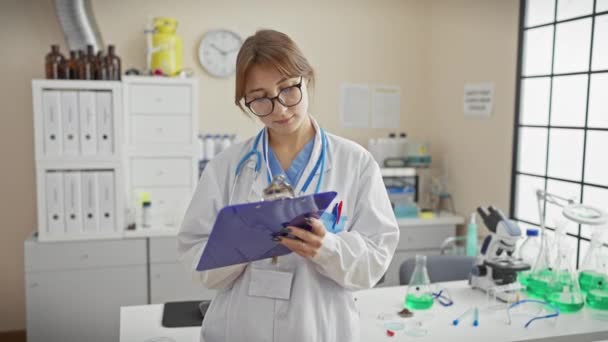 Konzentrierte Junge Kaukasische Ärztin Überprüft Krankenakten Hellem Laborambiente — Stockvideo