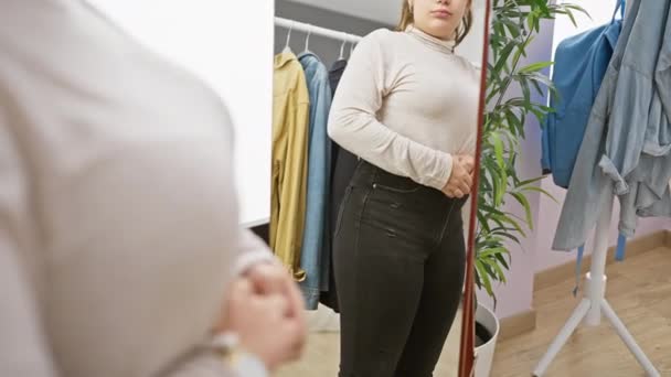 Молода Жінка Оглядає Своє Вбрання Дзеркало Добре Організованої Кімнати Одягу — стокове відео