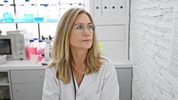 자연스럽고 간단한 중년의 금발의 과학자 여성은 심각한 표현으로 자신감을 실험실에 — 비디오