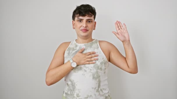 Stolzer Junger Mann Steht Groß Ärmellosem Shirt Schwört Herzergreifenden Treueeid — Stockvideo