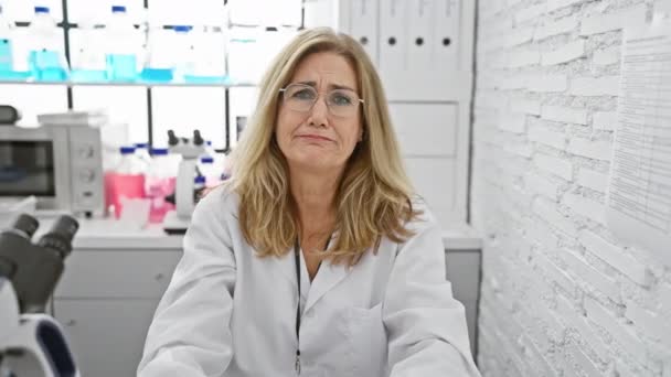 Stres Středního Věku Blond Vědec Nešťastný Výraz Vyrytý Obavami Hněvem — Stock video