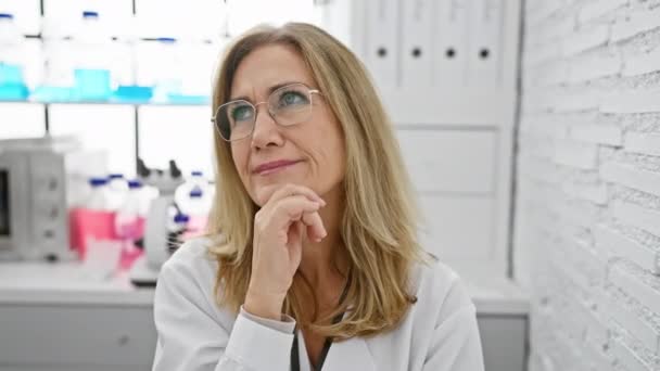 Znepokojená Blondýnka Středního Věku Vědkyně Nervózně Rýsující Otázka Sedící Laboratoři — Stock video