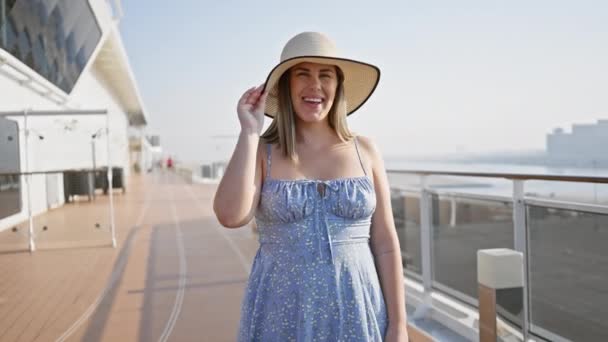 Весела Молода Жінка Сонячному Капелюсі Сонячному Одязі Насолоджується Дозвіллям Палубі — стокове відео