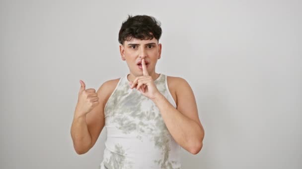 Shh Mladý Muž Tričku Bez Rukávů Esence Sebejistého Mlčení Gestikuluje — Stock video