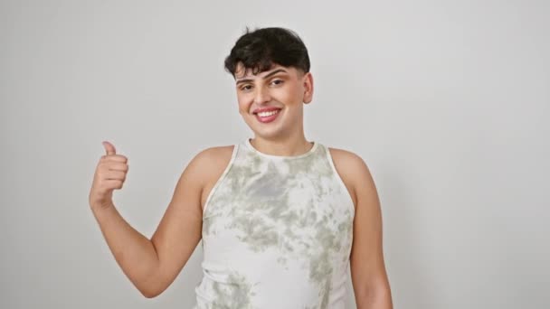 Cheerful Young Man Wearing Sleeveless Shirt Stands Tall Happy Thumbs — Stock Video