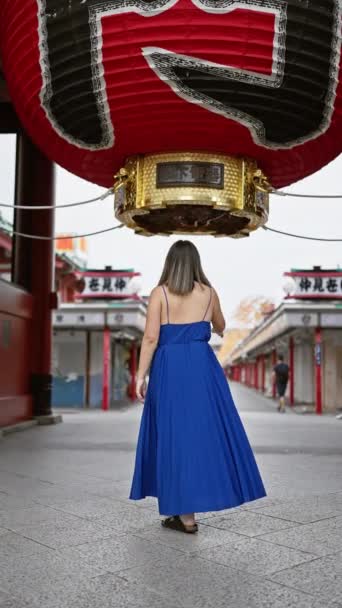 Alegre Mujer Hispana Gafas Encantada Con Colosal Linterna Asiática Templo — Vídeo de stock