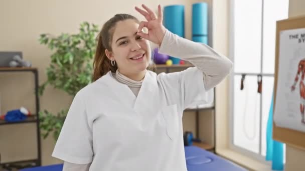 Glädjande Ung Latinamerikansk Kvinna Vacker Sjuksköterska Uniform Ler Glatt Ger — Stockvideo