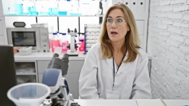 Překvapená Blondýna Středního Věku Vědkyně Laboratoři Úžasem Otevřenými Ústy Sedící — Stock video