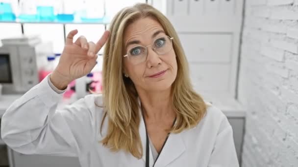 Χαρούμενη Μεσήλικη Ξανθιά Επιστήμονας Που Δείχνει Αυτοπεποίθηση Κεφάλι Της Χαμογελώντας — Αρχείο Βίντεο