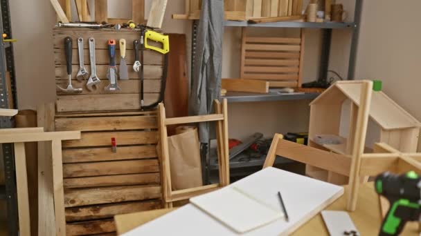 Una Mujer Mediana Edad Trabaja Diligentemente Taller Carpintería Bien Organizado — Vídeos de Stock
