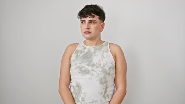 Pewny Siebie Ale Prosty Młody Człowiek Poważnym Spojrzeniem Stojący Koszulce — Wideo stockowe