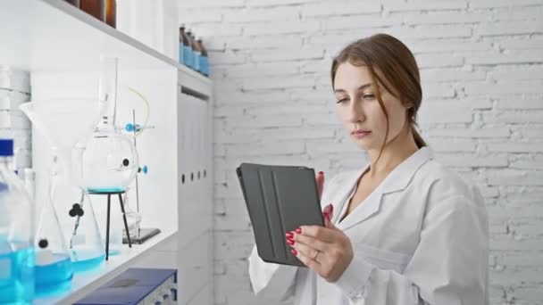 Thoughtful Woman Scientist Lab Coat Analyzes Data Tablet Modern Laboratory — Stock Video